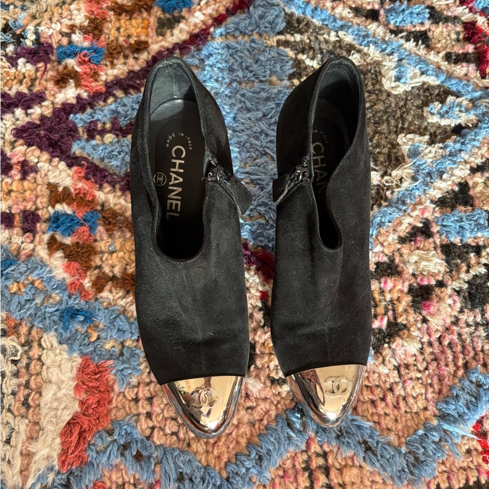 Chanel Black Suede Women's Shoes with Silver Toe Cap